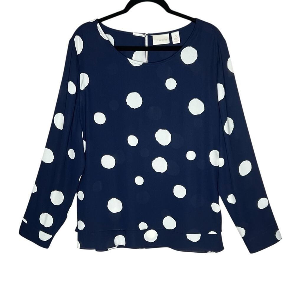 Chico's Pop Over Layered Blouse XL 16 Navy Cream Polka Dot Coastal Grandma